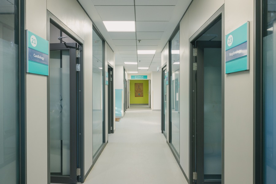 Consultation wing corridor with department signage